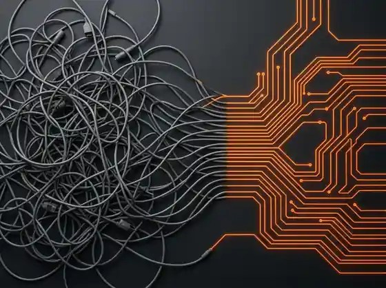 Tangled grey cables on the left transforming into clean glowing orange circuit pathways on the right